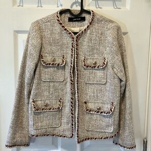 Zara Beige Tweed Blazer with Red Trim